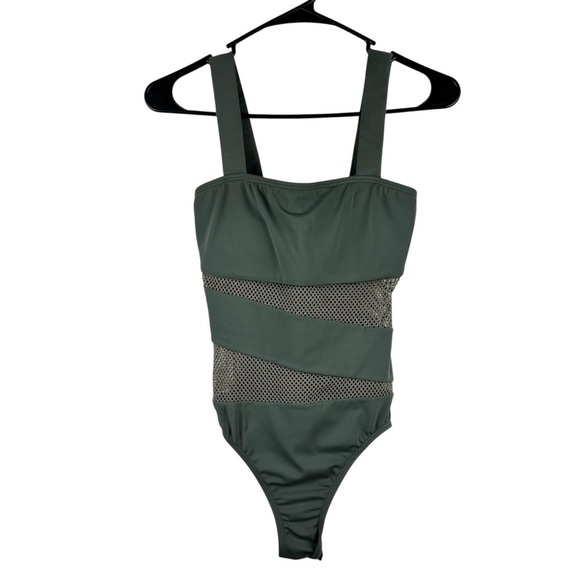 Carmen Marc Valvo One piece Olive Green Mesh Stripe panels Size 6 Summer Beach - Picture 2 of 13